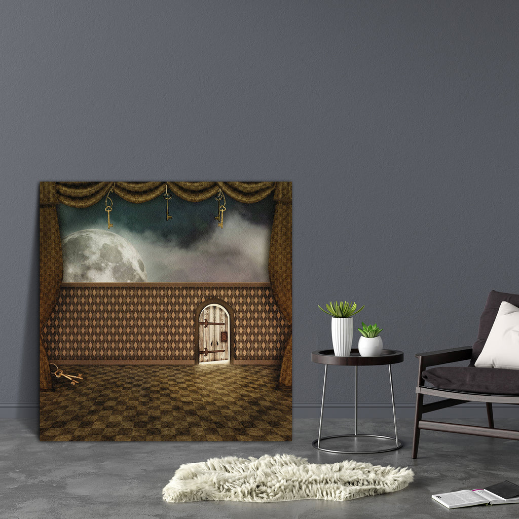 A Little Door Canvas Painting Synthetic Frame-Paintings MDF Framing-AFF_FR-IC 5001879 IC 5001879, Ancient, Architecture, Digital, Digital Art, Fantasy, Graphic, Historical, Illustrations, Medieval, Retro, Surrealism, Vintage, a, little, door, canvas, painting, synthetic, frame, backdrop, background, building, chess, clouds, curtain, doorway, empty, fairy, tale, fairytale, floor, idea, illustration, indoor, interior, keys, moon, old, original, paint, passage, picture, room, rope, scenery, sky, stage, surreal