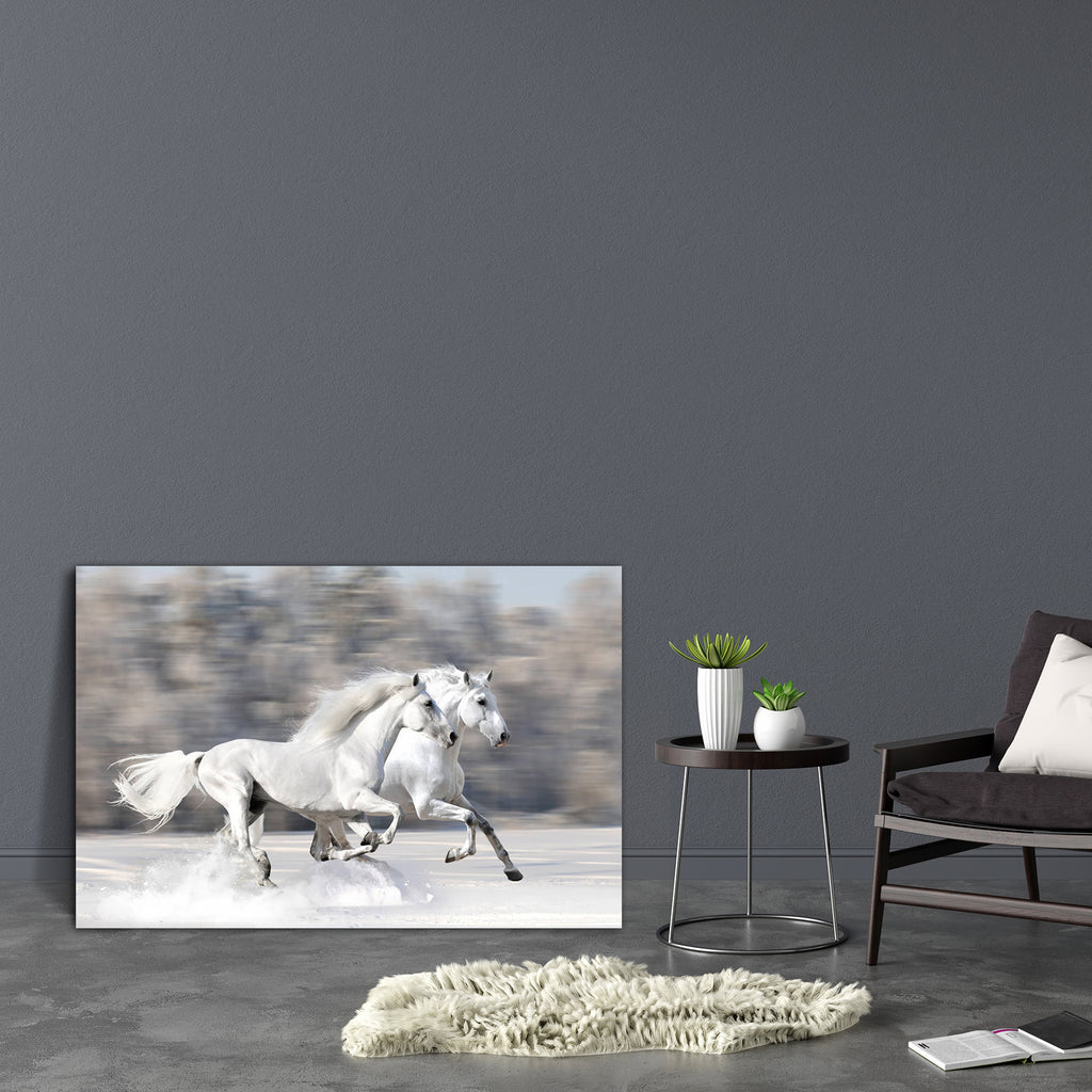 Two White Horses In Winter Canvas Painting Synthetic Frame-Paintings MDF Framing-AFF_FR-IC 5001921 IC 5001921, Animals, Black and White, Nature, Pets, Scenic, Seasons, White, two, horses, in, winter, canvas, painting, synthetic, frame, horse, running, andalusian, beautiful, beauty, blur, competition, competitive, day, domestic, energy, equestrian, equine, freedom, gallop, gray, horizontal, mammal, motion, outdoors, power, pura, purebred, race, raza, season, shire, sky, speed, stallion, together, wild, artzf