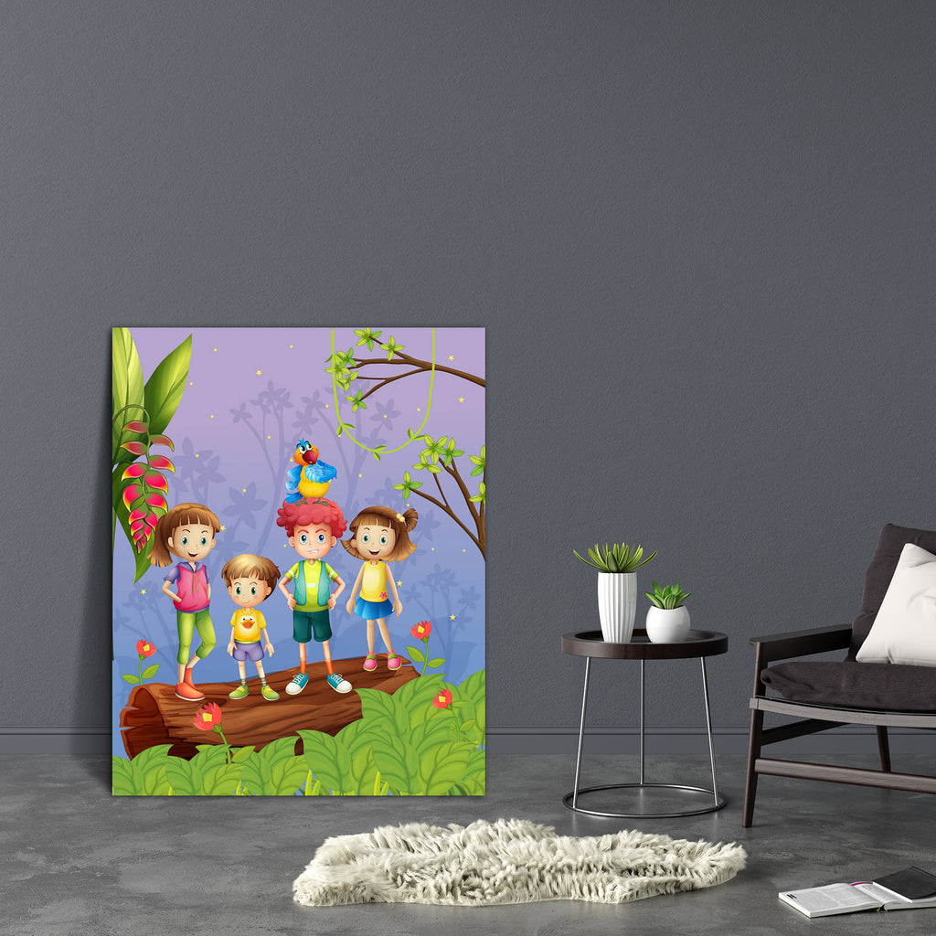 Children With Colorful Parrot Canvas Painting Synthetic Frame-Paintings MDF Framing-AFF_FR-IC 5001960 IC 5001960, Animals, Baby, Birds, Botanical, Children, Digital, Digital Art, Drawing, Fantasy, Floral, Flowers, Graphic, Illustrations, Kids, Landscapes, Nature, People, Scenic, Stars, Wooden, with, colorful, parrot, canvas, painting, synthetic, frame, animal, bird, boys, branches, evening, female, forest, girls, illustration, image, jungle, kid, landscape, leaves, little, male, men, night, outdoors, outsid