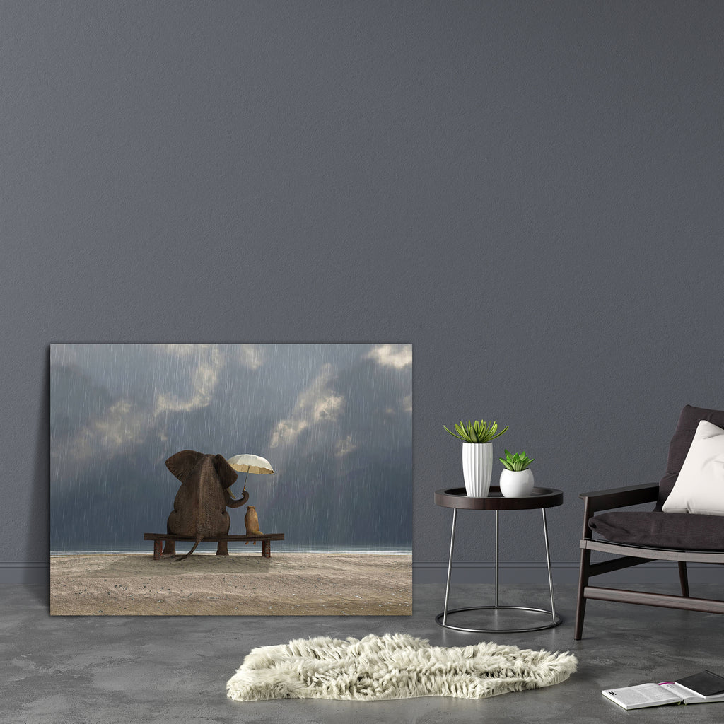 Elephant & Dog D2 Canvas Painting Synthetic Frame-Paintings MDF Framing-AFF_FR-IC 5001963 IC 5001963, Animals, Automobiles, Friends, Love, Nature, Romance, Scenic, Seasons, Transportation, Travel, Vehicles, elephant, dog, d2, canvas, painting, synthetic, frame, rain, help, umbrella, elephants, couple, in, umbrellas, back, beach, bench, big, care, clouds, contemplation, difference, grey, looking, mood, ocean, outdoor, overcast, protection, rainfall, relationship, sand, sea, season, sitting, sky, small, toget