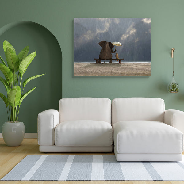 Elephant & Dog D2 Canvas Painting Synthetic Frame-Paintings MDF Framing-AFF_FR-IC 5001963 IC 5001963, Animals, Automobiles, Friends, Love, Nature, Romance, Scenic, Seasons, Transportation, Travel, Vehicles, elephant, dog, d2, canvas, painting, for, bedroom, living, room, engineered, wood, frame, rain, help, umbrella, elephants, couple, in, umbrellas, back, beach, bench, big, care, clouds, contemplation, difference, grey, looking, mood, ocean, outdoor, overcast, protection, rainfall, relationship, sand, sea,