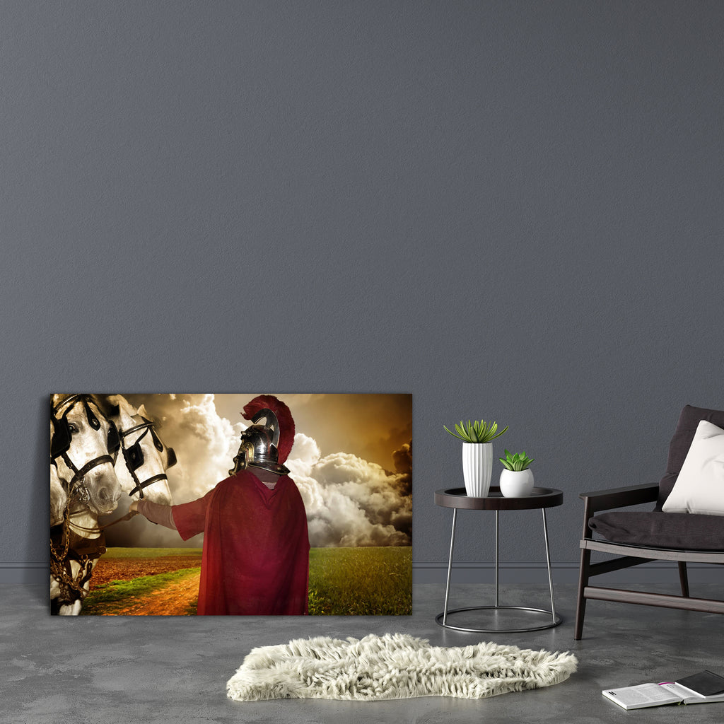 Legionary Soldier With Horses Canvas Painting Synthetic Frame-Paintings MDF Framing-AFF_FR-IC 5001998 IC 5001998, Ancient, Culture, Ethnic, Historical, Individuals, Medieval, People, Portraits, Traditional, Tribal, Vintage, World Culture, Metallic, legionary, soldier, with, horses, canvas, painting, synthetic, frame, roman, armor, armour, attack, background, clothes, costume, defend, desaturated, empire, fighter, gladiator, gladius, golden, grey, handsome, helmet, historic, history, holding, isolated, legio