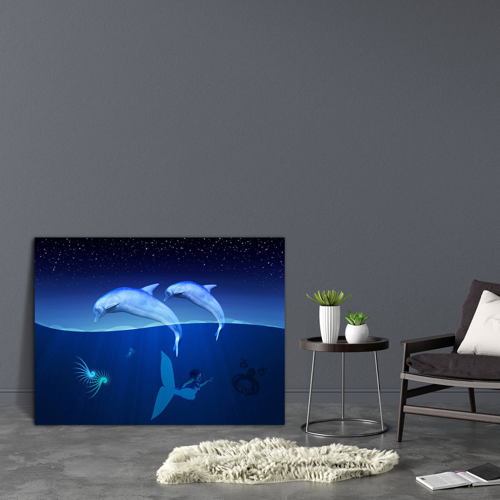 Dolphins & Mermaid Canvas Painting Synthetic Frame-Paintings MDF Framing-AFF_FR-IC 5001999 IC 5001999, Fantasy, Illustrations, Mermaid, Nautical, Signs and Symbols, Symbols, dolphins, canvas, painting, synthetic, frame, beautiful, beauty, blue, bubbles, colorful, creature, curious, diving, dolphin, dream, fairytale, female, fish, fishtail, flipper, floating, friend, friendly, hair, legend, light, magic, marine, mythical, mythology, ocean, reef, sea, swimming, symbol, tail, undersea, underwater, water, woman
