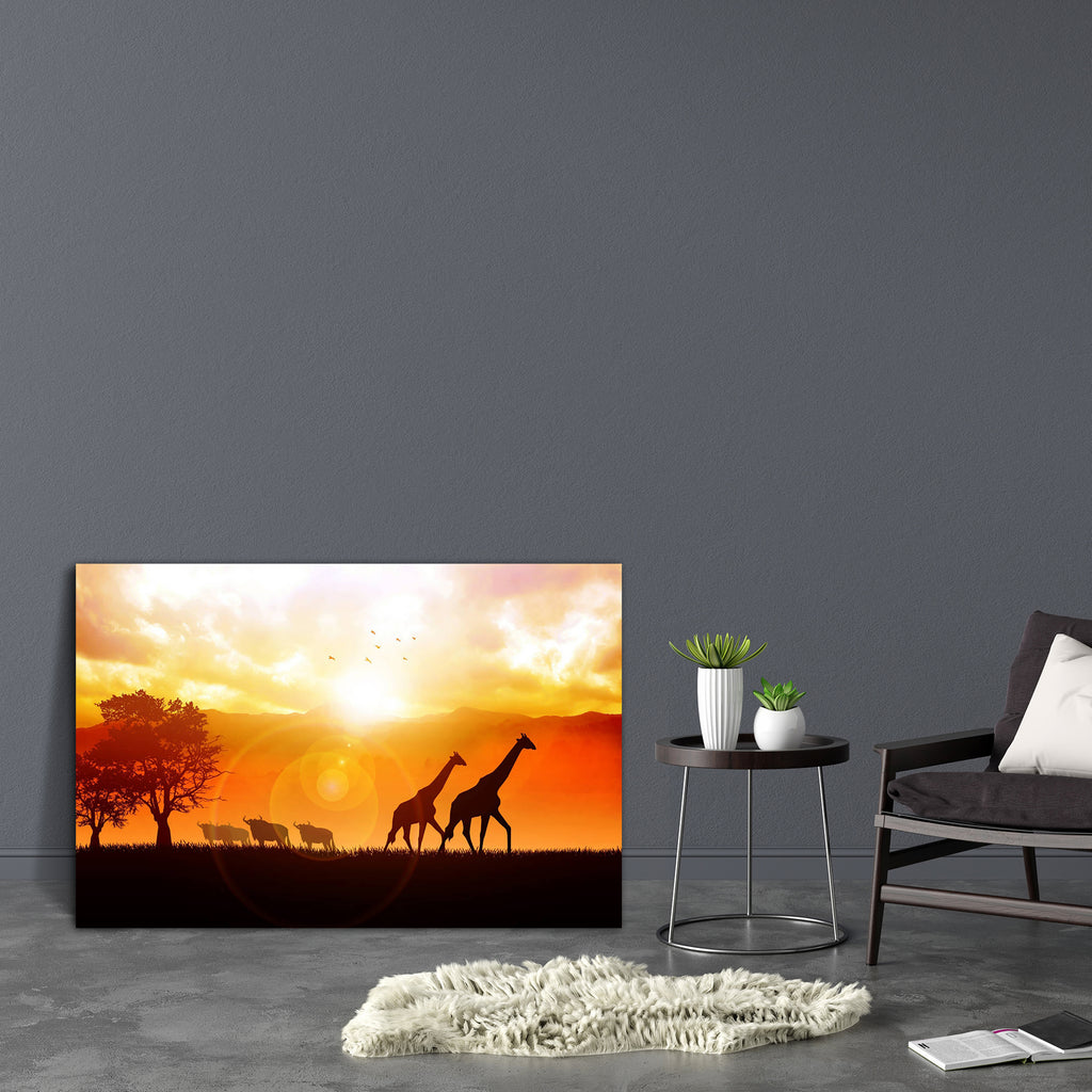 African Wildlife Canvas Painting Synthetic Frame-Paintings MDF Framing-AFF_FR-IC 5002002 IC 5002002, African, Animals, Art and Paintings, Illustrations, Landscapes, Mountains, Nature, Scenic, Sunrises, Wildlife, canvas, painting, synthetic, frame, africa, animal, art, beautiful, dusk, freedom, giraffe, grass, grassland, hills, horizon, illustration, land, landscape, life, mammal, meadow, morning, mountain, park, pasture, peace, peaceful, plant, rise, safari, savannah, scene, scenery, serenity, silhouette, s