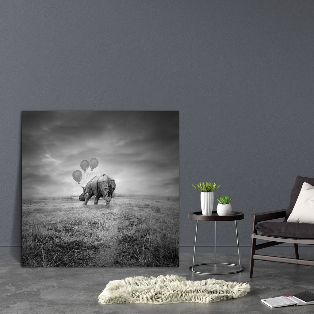 Artistic Rhino Back With Three Balloons Canvas Painting Synthetic Frame-Paintings MDF Framing-AFF_FR-IC 5002031 IC 5002031, Animals, Art and Paintings, Black, Black and White, Collages, Fantasy, Landscapes, Nature, Scenic, Space, White, artistic, rhino, back, with, three, balloons, canvas, painting, synthetic, frame, animal, art, balloon, big, cloud, cloudy, collage, composition, creativity, detail, dramatic, dreamy, field, fun, funny, grass, gray, grey, huge, imagination, imaginative, imagine, intense, mam