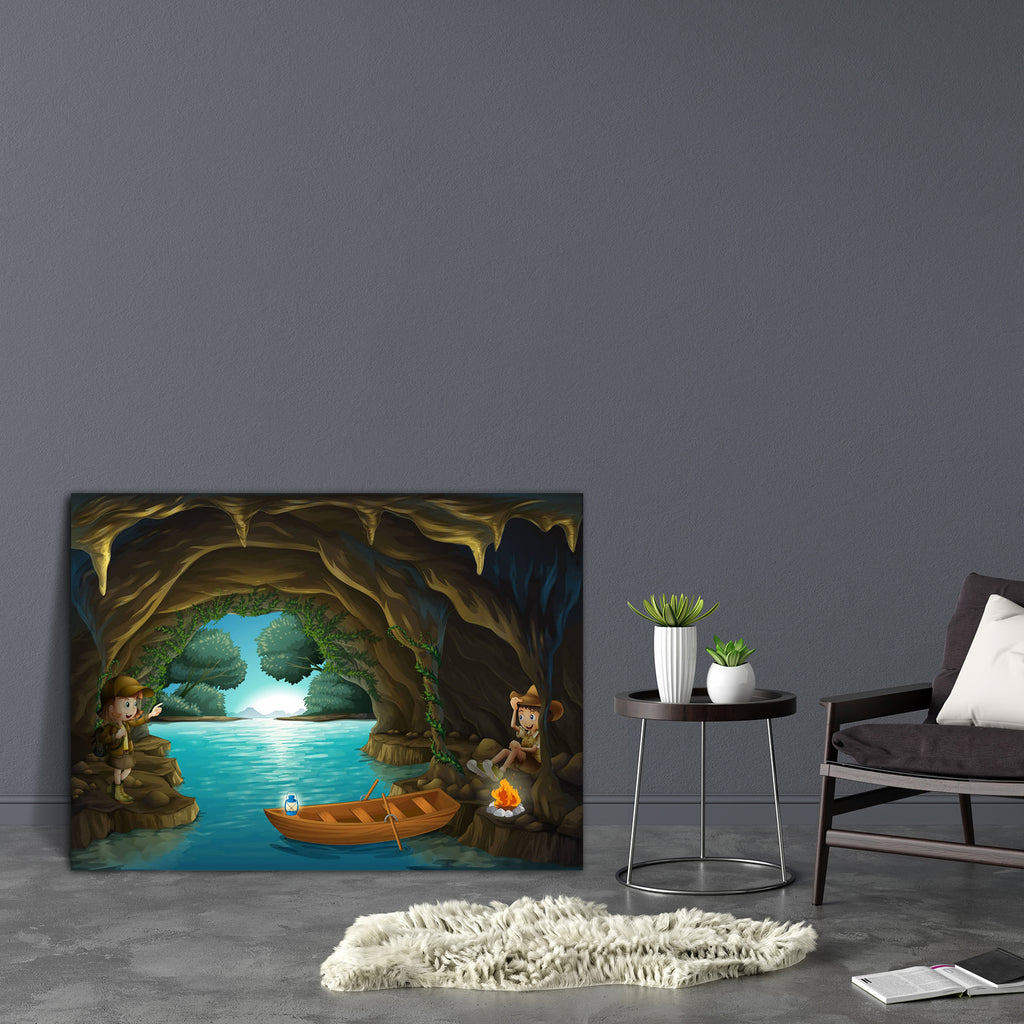 Young Girl & Boy Inside The Cave Canvas Painting Synthetic Frame-Paintings MDF Framing-AFF_FR-IC 5002049 IC 5002049, Baby, Boats, Children, Digital, Digital Art, Drawing, Graphic, Illustrations, Kids, Marble and Stone, Mountains, Nautical, People, young, girl, boy, inside, the, cave, canvas, painting, synthetic, frame, camping, activity, blue, boat, camp, campfire, child, cub, female, fire, forest, fun, gentleman, habitat, hills, human, illustration, image, kid, lady, lamp, lantern, little, male, man, mount
