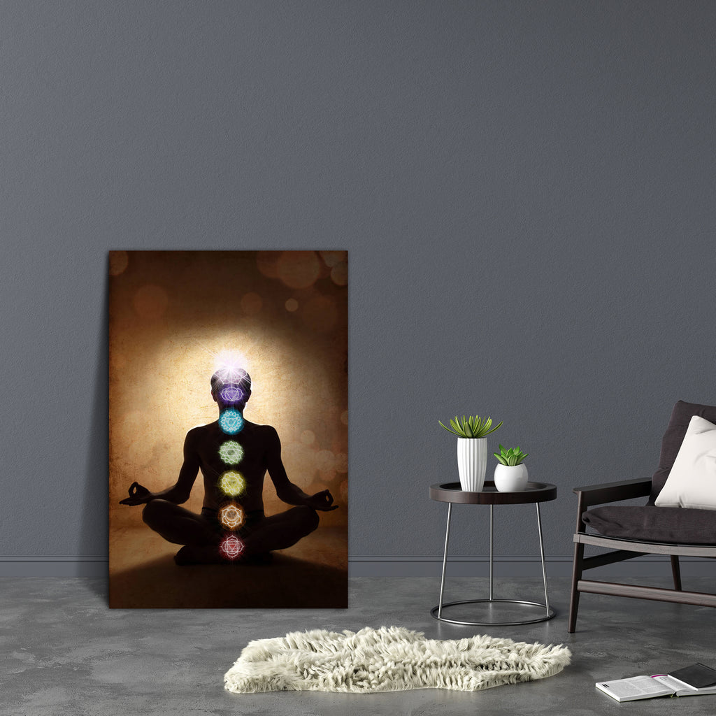 Man In Lotus Pose With Chakra Symbols Canvas Painting Synthetic Frame-Paintings MDF Framing-AFF_FR-IC 5002072 IC 5002072, Abstract Expressionism, Abstracts, Adult, Black, Black and White, Buddhism, Circle, Indian, Mandala, Patterns, People, Semi Abstract, Signs and Symbols, Spiritual, Symbols, White, man, in, lotus, pose, with, chakra, canvas, painting, synthetic, frame, meditation, holistic, yoga, abstract, alone, aura, awareness, blue, bright, brown, calm, color, colorful, dark, energy, enlightenment, ful