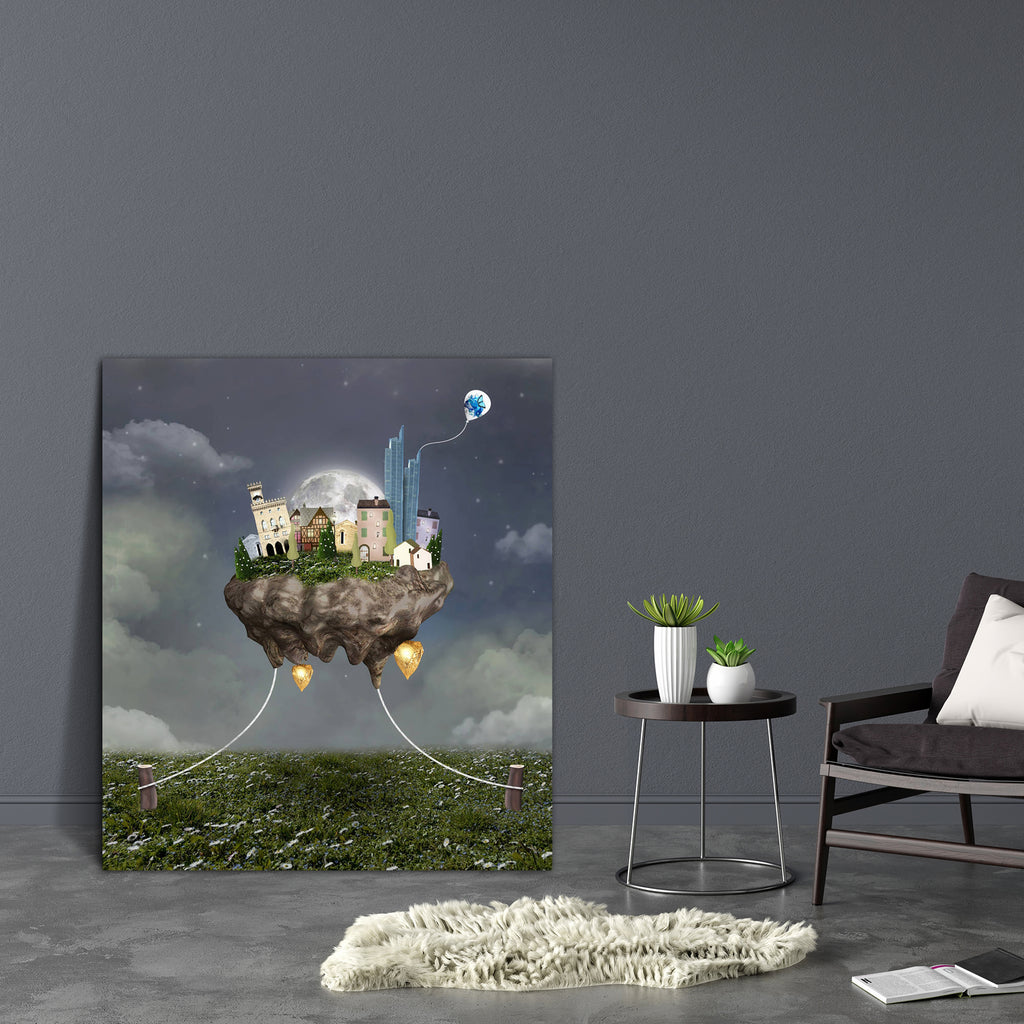 Flying Town Canvas Painting Synthetic Frame-Paintings MDF Framing-AFF_FR-IC 5002222 IC 5002222, Architecture, Botanical, Cities, City Views, Fantasy, Floral, Flowers, Illustrations, Nature, Realism, Scenic, Stars, Surrealism, flying, town, canvas, painting, synthetic, frame, balloon, buildings, castle, city, clouds, construction, fly, grass, home, houses, illustration, lamp, lanterns, lawn, lights, meadow, moon, moonlight, night, nocturne, outdoor, palace, rock, rope, skyscrapers, stakes, surreal, tower, tr