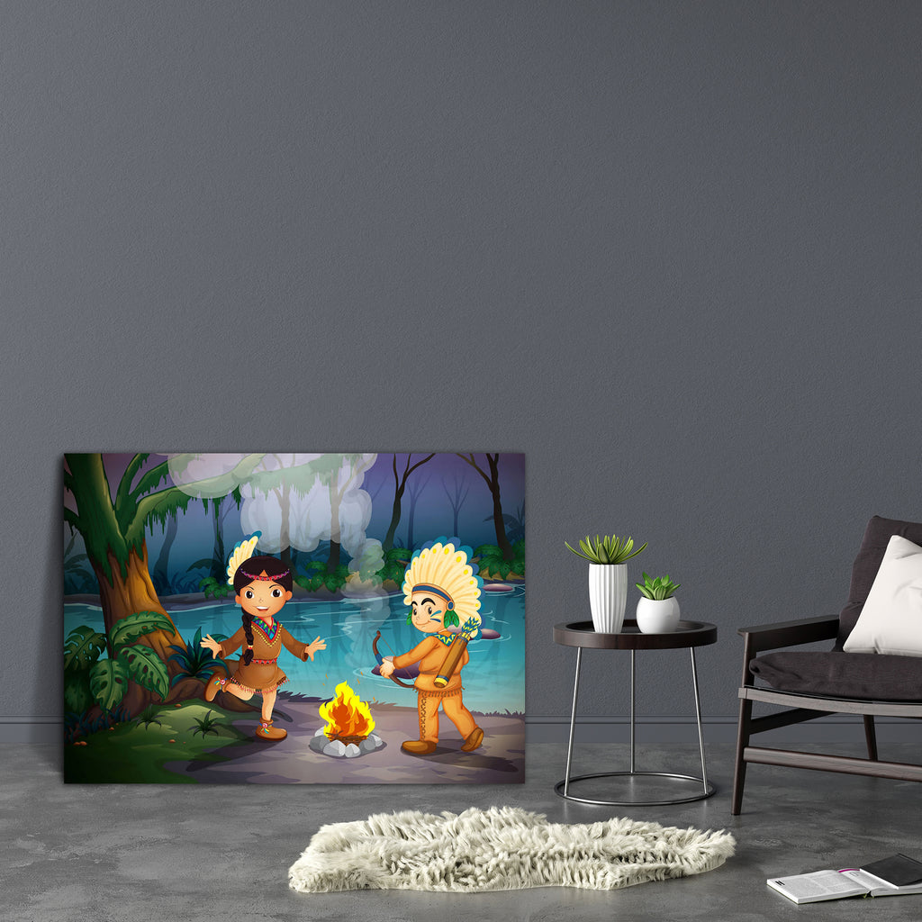 Young Indians At The Forest Canvas Painting Synthetic Frame-Paintings MDF Framing-AFF_FR-IC 5002238 IC 5002238, Baby, Children, Culture, Dance, Digital, Digital Art, Drawing, Ethnic, Graphic, Illustrations, Indian, Kids, Marble and Stone, Music and Dance, People, Traditional, Tribal, Wooden, World Culture, young, indians, at, the, forest, canvas, painting, synthetic, frame, boy, branches, campfire, dancing, female, fire, flame, flaming, gentleman, girl, grass, green, hot, human, illustration, image, india, 