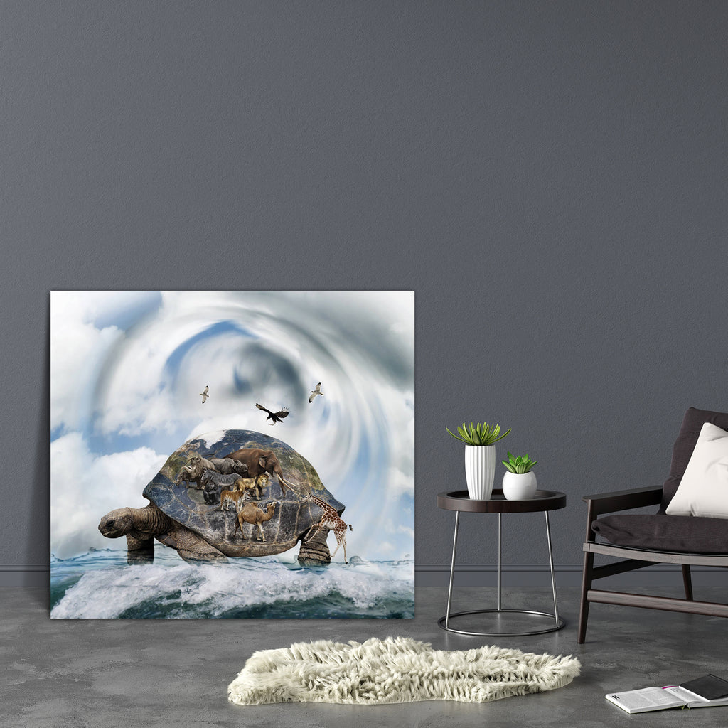 World Turtle Concept Carrying Animals Canvas Painting Synthetic Frame-Paintings MDF Framing-AFF_FR-IC 5002440 IC 5002440, Animals, Birds, Collages, Fantasy, Nature, Scenic, Wildlife, world, turtle, concept, carrying, canvas, painting, synthetic, frame, bird, clouds, collage, earth, elephant, giraffe, idea, lion, monkey, ocean, rhino, sea, sky, tiger, vulture, water, zebra, artzfolio, wall decor for living room, wall frames for living room, frames for living room, wall art, canvas painting, wall frame, scene
