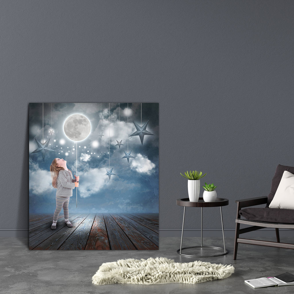 Girl Playing With Balloon Moon Canvas Painting Synthetic Frame-Paintings MDF Framing-AFF_FR-IC 5002469 IC 5002469, Abstract Expressionism, Abstracts, Baby, Children, Fantasy, Kids, Nature, Scenic, Semi Abstract, Signs, Signs and Symbols, Stars, girl, playing, with, balloon, moon, canvas, painting, synthetic, frame, star, dream, hope, dreams, dreaming, imagination, and, wish, fairytale, magical, daydreaming, tale, mystical, in, the, sky, above, abstract, artistic, beauty, blue, bright, child, clouds, concept