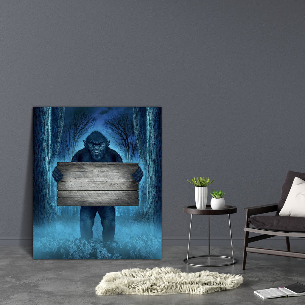 Monster Holding A Rustic Wood Sign Canvas Painting Synthetic Frame-Paintings MDF Framing-AFF_FR-IC 5002661 IC 5002661, Animals, Fantasy, Icons, Signs, Signs and Symbols, Symbols, Wooden, monster, holding, a, rustic, wood, sign, canvas, painting, synthetic, frame, sasquatch, bigfoot, animal, beast, blank, brute, communication, concepts, creature, creepy, demon, fear, fiend, forest, freak, giant, hairy, halloween, haunted, woods, horror, hunter, ideas, imagination, lost, icon, mutant, ogre, old, savage, scary