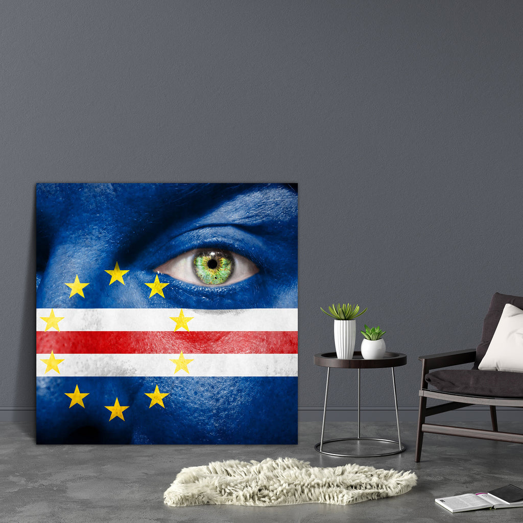Cape Verdean Flag Painted On A Face Canvas Painting Synthetic Frame-Paintings MDF Framing-AFF_FR-IC 5002685 IC 5002685, Art and Paintings, Black and White, Countries, Flags, Signs, Signs and Symbols, Sports, Stars, Symbols, White, cape, verdean, flag, painted, on, a, face, canvas, painting, synthetic, frame, art, background, band, blue, verde, color, colour, country, cup, expression, eye, paint, facial, fan, fanatic, finger, follower, freedom, games, green, independence, independent, liberty, looking, make,
