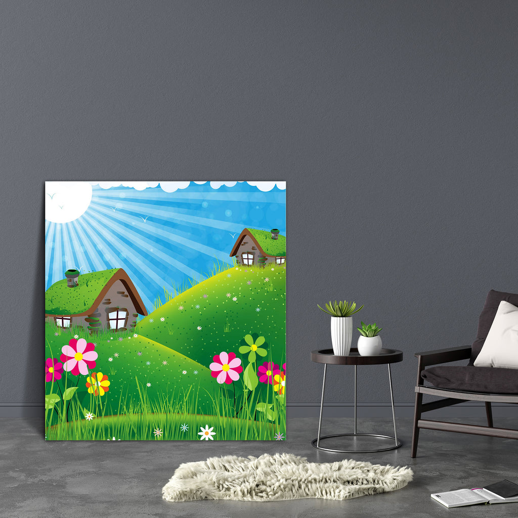 Summer Sunny Landscape Canvas Painting Synthetic Frame-Paintings MDF Framing-AFF_FR-IC 5002706 IC 5002706, Animated Cartoons, Art and Paintings, Botanical, Caricature, Cartoons, Fantasy, Floral, Flowers, Illustrations, Landscapes, Mountains, Nature, Paintings, Rural, Scenic, summer, sunny, landscape, canvas, painting, synthetic, frame, spring, art, backgrounds, cartoon, chamomile, cloud, cloudscape, cottage, daisy, day, door, environment, field, flower, garden, grass, green, heat, hill, home, horizon, house