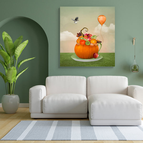Autumnal Fruits Canvas Painting Synthetic Frame-Paintings MDF Framing-AFF_FR-IC 5002794 IC 5002794, Birds, Countries, Cuisine, Fantasy, Food, Food and Beverage, Food and Drink, Fruit and Vegetable, Fruits, Health, Illustrations, Nature, Scenic, Seasons, Surrealism, Vegetables, autumnal, canvas, painting, for, bedroom, living, room, engineered, wood, frame, apple, autumn, balloon, bird, clouds, coffee, cup, country, dish, fairy, tale, fairytale, fly, fruit, grape, illustration, khaki, kiwi, leaves, meadow, o