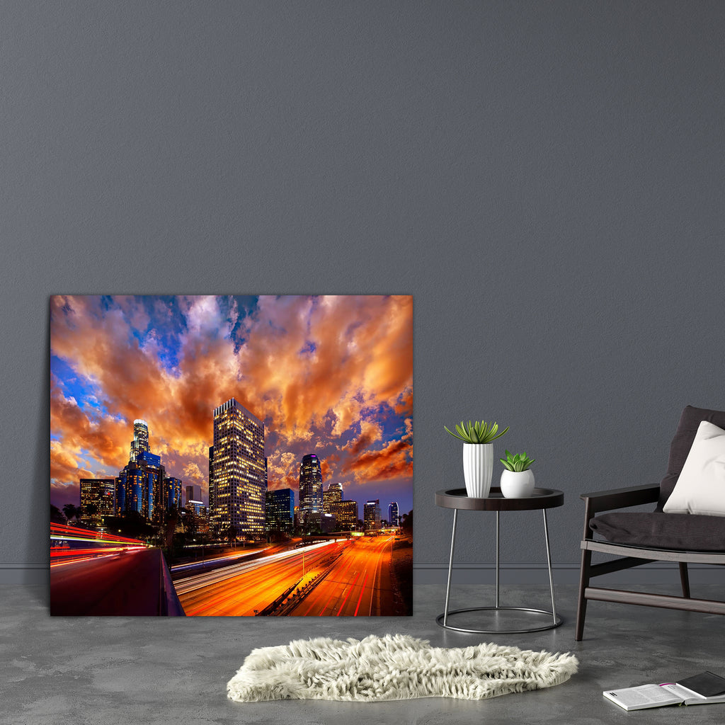 Downtown Los Angeles Sunset Skyline California Canvas Painting Synthetic Frame-Paintings MDF Framing-AFF_FR-IC 5002798 IC 5002798, American, Architecture, Automobiles, Business, Cars, Cities, City Views, Landmarks, Landscapes, Places, Scenic, Skylines, Sunrises, Sunsets, Transportation, Travel, Urban, Vehicles, downtown, los, angeles, sunset, skyline, california, canvas, painting, synthetic, frame, buildings, building, america, background, ca, center, city, cityscape, colorful, dramatic, high, highrise, hig