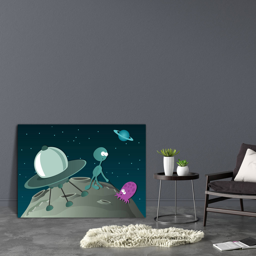 Two Aliens & Spaceship Canvas Painting Synthetic Frame-Paintings MDF Framing-AFF_FR-IC 5002817 IC 5002817, Animated Cartoons, Astronomy, Caricature, Cartoons, Comics, Cosmology, Fantasy, Hand Drawn, Illustrations, Landscapes, Mountains, Pets, Retro, Scenic, Space, Stars, two, aliens, spaceship, canvas, painting, synthetic, frame, alien, astronaut, background, cartoon, characters, chatting, colorful, cool, creature, finding, flying, funny, green, group, hand, drawn, illustration, isolated, joke, landscape, l