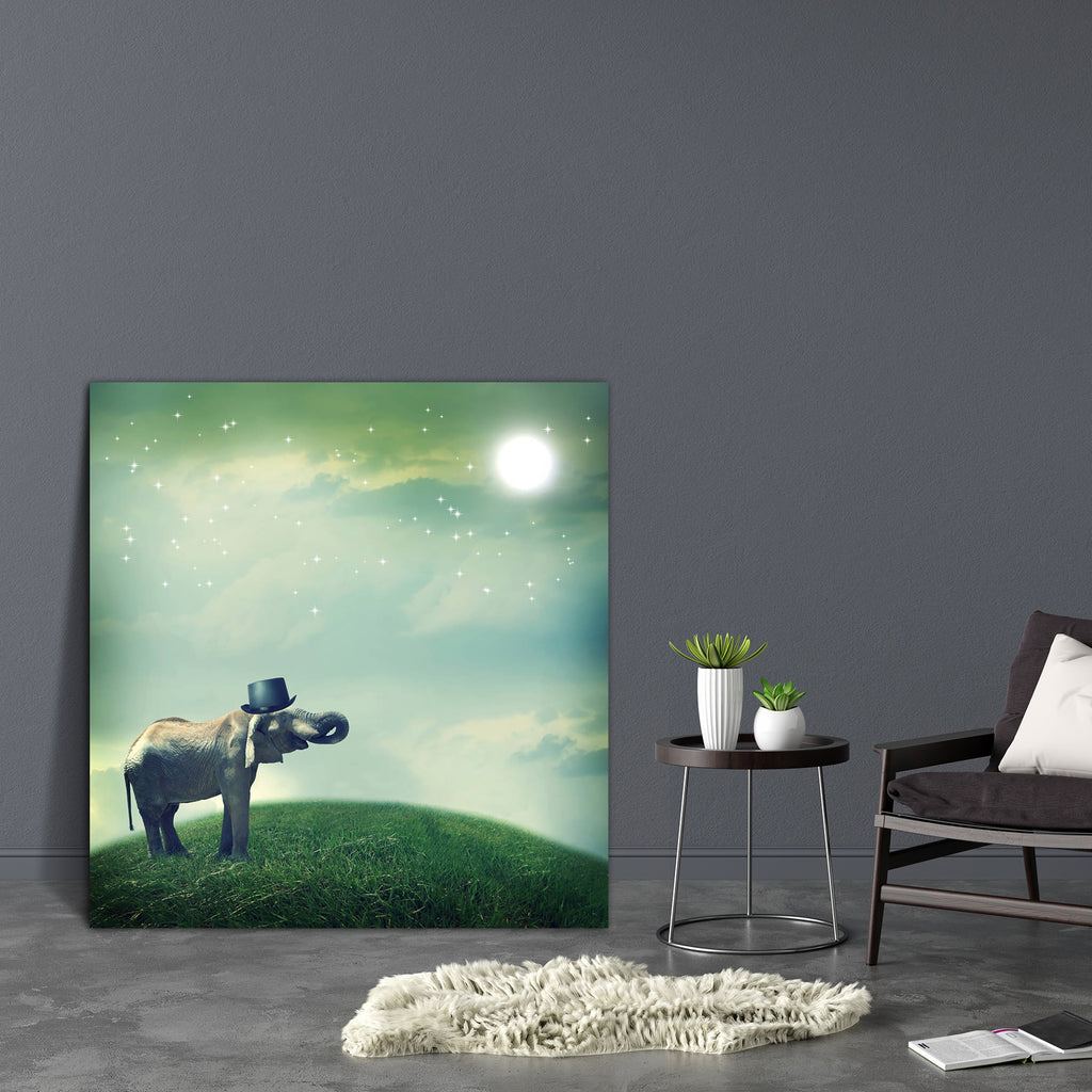 Elephant With Top Hat Canvas Painting Synthetic Frame-Paintings MDF Framing-AFF_FR-IC 5002831 IC 5002831, Animals, Art and Paintings, Fantasy, Landscapes, Mountains, Nature, Realism, Scenic, Stars, Surrealism, Wildlife, elephant, with, top, hat, canvas, painting, synthetic, frame, animal, art, calm, circus, concept, dawn, desaturated, dream, dreamer, dreamy, elephants, enjoy, enjoying, evening, fun, grass, green, happy, hill, imagination, joy, landscape, mammal, moon, mystic, night, peaceful, scenery, singl