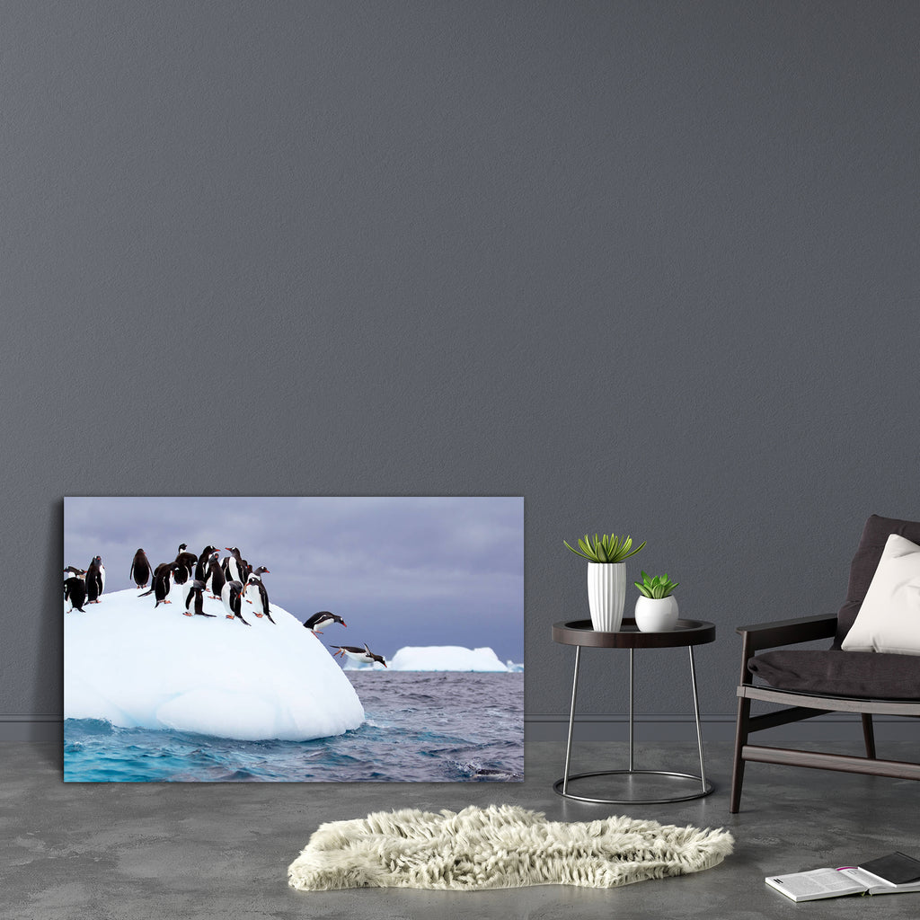 Gentoo Penguin Jumping Into Water From Iceberg Canvas Painting Synthetic Frame-Paintings MDF Framing-AFF_FR-IC 5002970 IC 5002970, Adult, Animals, Birds, Black, Black and White, Landscapes, Nature, Scenic, Seasons, White, Wildlife, gentoo, penguin, jumping, into, water, from, iceberg, canvas, painting, synthetic, frame, penguins, antarctica, antarctic, animal, bird, blue, cold, color, diving, drying, give, group, high, ice, icebergs, island, landscape, life, polar, red, season, snow, south, wild, wilderness