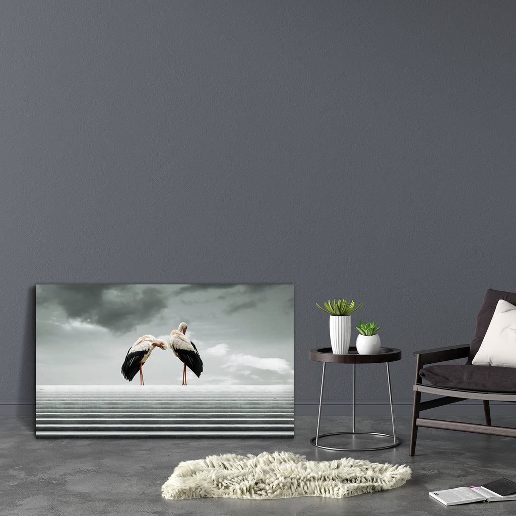 Two Beautiful Waterfowl Canvas Painting Synthetic Frame-Paintings MDF Framing-AFF_FR-IC 5002976 IC 5002976, Animals, Art and Paintings, Birds, Black, Black and White, Nature, Scenic, Surrealism, White, two, beautiful, waterfowl, canvas, painting, synthetic, frame, animal, art, artistic, background, beak, bird, composition, detail, elegance, elegant, gray, grey, horizontal, imagination, imagine, incredible, isolated, leg, plumage, profile, sky, stairs, stairway, surreal, tall, unique, wading, wild, wing, won