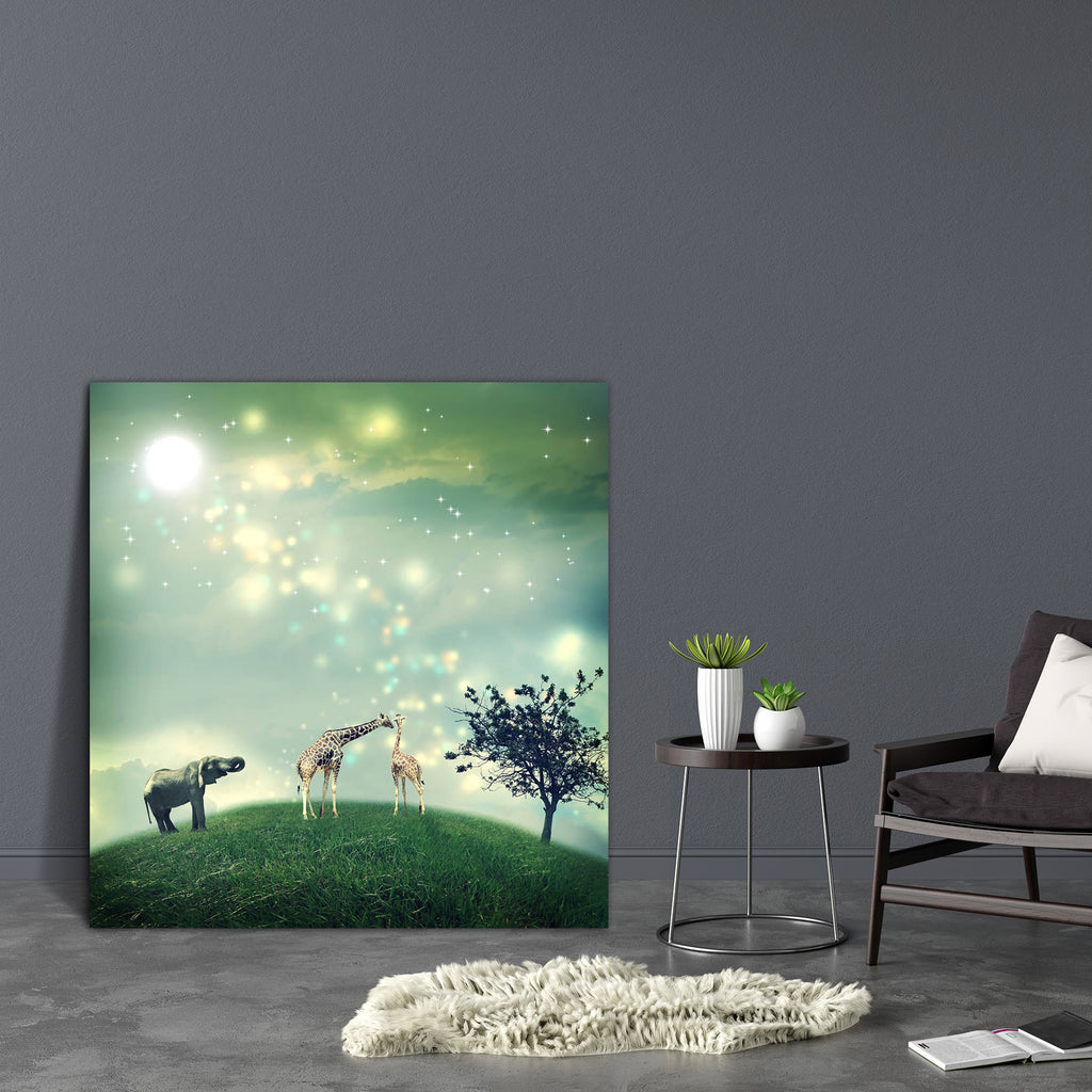 Giraffes & An Elephant On A Hilltop Canvas Painting Synthetic Frame-Paintings MDF Framing-AFF_FR-IC 5002987 IC 5002987, Ancient, Animals, Art and Paintings, Fantasy, Historical, Landscapes, Medieval, Mountains, Nature, Scenic, Surrealism, Vintage, Wildlife, giraffes, an, elephant, on, a, hilltop, canvas, painting, synthetic, frame, affection, animal, art, beautiful, calm, child, concept, dawn, dream, dreamer, dreamy, evening, fairytale, friendship, giraffe, grass, green, happy, hill, imagination, landscape,
