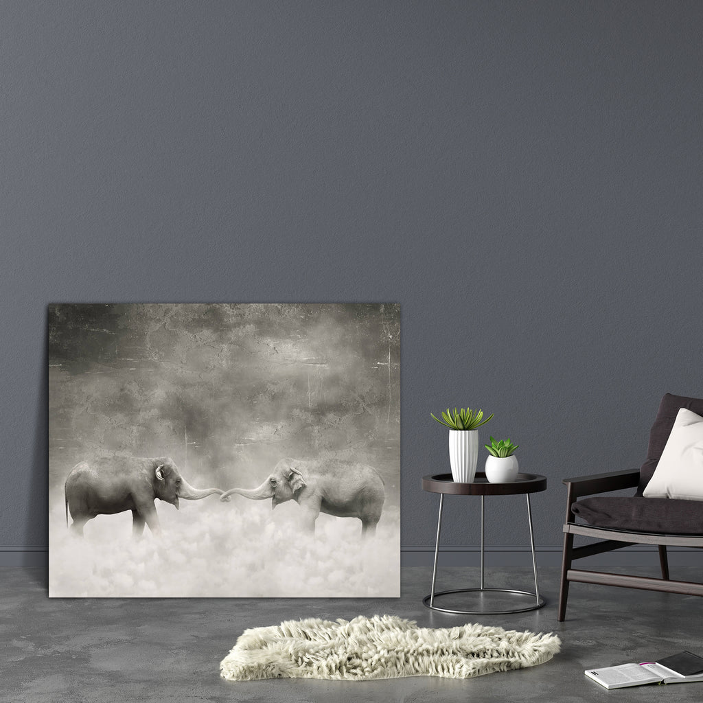 Elephants With Their Trunks Like Lovers Canvas Painting Synthetic Frame-Paintings MDF Framing-AFF_FR-IC 5003079 IC 5003079, Ancient, Animals, Art and Paintings, Black, Black and White, Historical, Illustrations, Landscapes, Love, Medieval, Realism, Romance, Scenic, Surrealism, Vintage, White, elephants, with, their, trunks, like, lovers, canvas, painting, synthetic, frame, animal, art, artistic, circus, cloud, couple, creativity, dream, dreamy, elegant, elephant, fairy, flight, gray, grey, illustration, ill