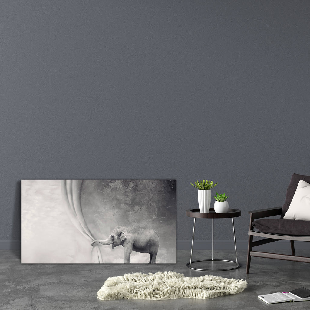 Elephant That Opens A Curtain With Its Trunk Canvas Painting Synthetic Frame-Paintings MDF Framing-AFF_FR-IC 5003080 IC 5003080, Animals, Art and Paintings, Black, Black and White, Collages, Conceptual, Illustrations, Landscapes, Realism, Scenic, Surrealism, White, elephant, that, opens, a, curtain, with, its, trunk, canvas, painting, synthetic, frame, animal, art, artistic, background, beautiful, circus, collage, concept, creativity, elegant, fun, funny, gray, grey, horizontal, idea, illustration, illustra