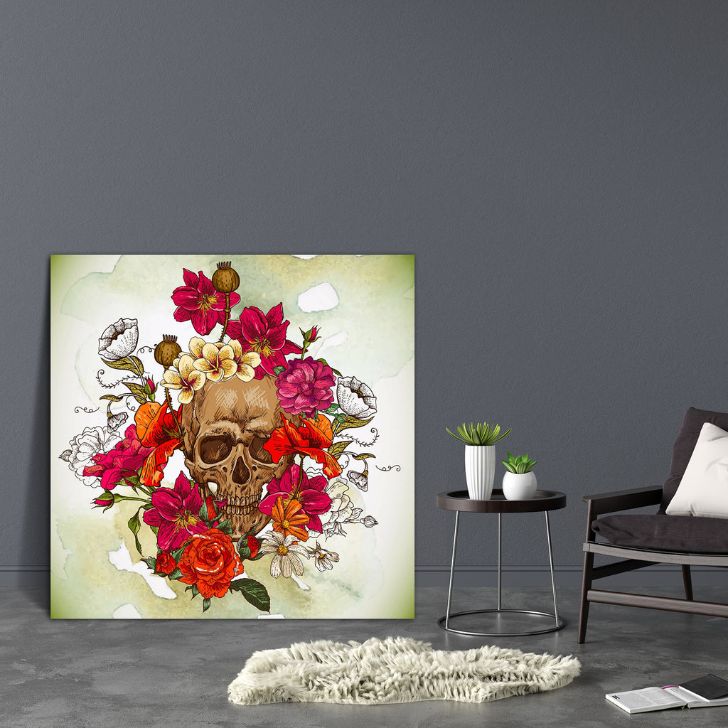 Skull & Flowers Canvas Painting Synthetic Frame-Paintings MDF Framing-AFF_FR-IC 5003086 IC 5003086, Ancient, Art and Paintings, Botanical, Culture, Ethnic, Festivals, Festivals and Occasions, Festive, Floral, Flowers, Folk Art, Gothic, Historical, Holidays, Illustrations, Medieval, Mexican, Nature, Patterns, Signs, Signs and Symbols, Symbols, Traditional, Tribal, Vintage, World Culture, skull, canvas, painting, synthetic, frame, calaveras, calavera, day, of, the, dead, skulls, tattoo, rose, all, art, backgr