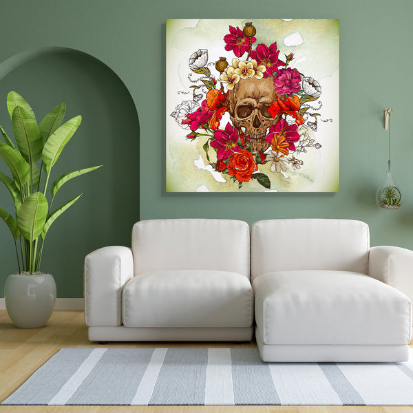 Skull & Flowers Canvas Painting Synthetic Frame-Paintings MDF Framing-AFF_FR-IC 5003086 IC 5003086, Ancient, Art and Paintings, Botanical, Culture, Ethnic, Festivals, Festivals and Occasions, Festive, Floral, Flowers, Folk Art, Gothic, Historical, Holidays, Illustrations, Medieval, Mexican, Nature, Patterns, Signs, Signs and Symbols, Symbols, Traditional, Tribal, Vintage, World Culture, skull, canvas, painting, for, bedroom, living, room, engineered, wood, frame, calaveras, calavera, day, of, the, dead, sku