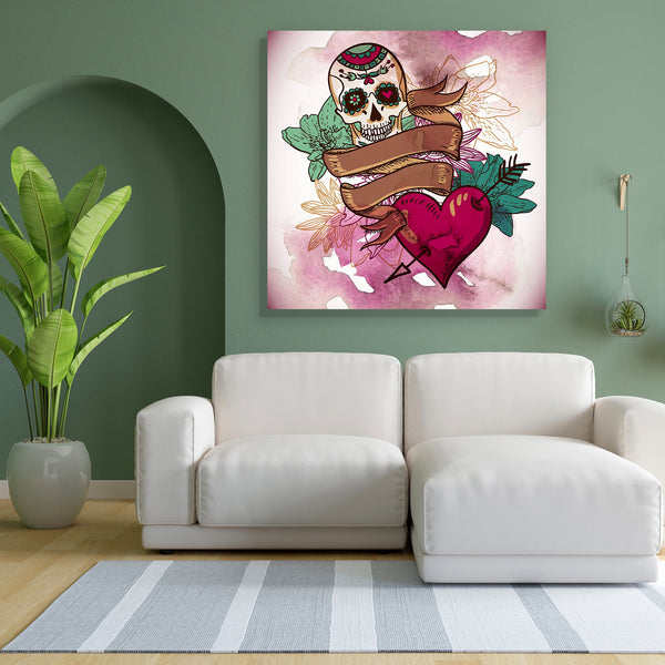Skull, Hearts & Flowers Canvas Painting Synthetic Frame-Paintings MDF Framing-AFF_FR-IC 5003175 IC 5003175, Ancient, Art and Paintings, Botanical, Decorative, Digital, Digital Art, Drawing, Floral, Flowers, Gothic, Graphic, Hearts, Historical, Holidays, Illustrations, Love, Medieval, Mexican, Nature, Patterns, Retro, Romance, Signs, Signs and Symbols, Symbols, Vintage, skull, canvas, painting, for, bedroom, living, room, engineered, wood, frame, art, backdrop, background, celebration, dark, day, dead, death