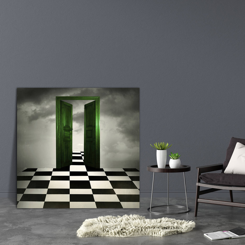 Green Opened Door Chessboard Floor Canvas Painting Synthetic Frame-Paintings MDF Framing-AFF_FR-IC 5003195 IC 5003195, Black, Black and White, Surrealism, White, green, opened, door, chessboard, floor, canvas, painting, synthetic, frame, artistic, beautiful, cloud, cloudy, darkness, dreamy, effect, grey, imagination, imaginative, mind, optical, psyche, psychology, sky, surreal, surrealistic, wall, artzfolio, wall decor for living room, wall frames for living room, frames for living room, wall art, canvas pa
