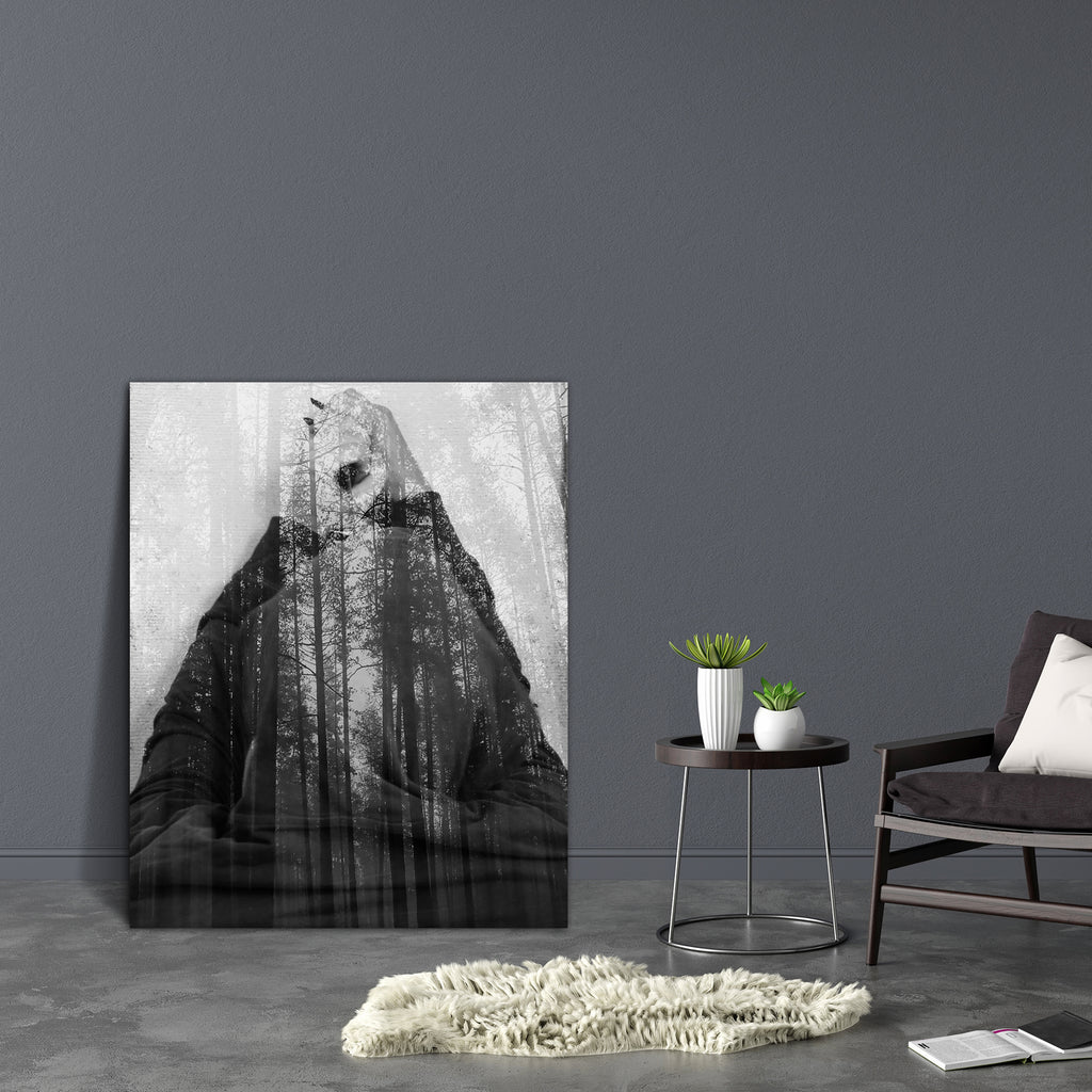 Man In Black Forest Canvas Painting Synthetic Frame-Paintings MDF Framing-AFF_FR-IC 5003220 IC 5003220, Abstract Expressionism, Abstracts, Black, Black and White, Conceptual, Individuals, Portraits, Semi Abstract, White, man, in, forest, canvas, painting, synthetic, frame, abstract, artistic, background, bio, branches, bw, contemplation, creative, daydreaming, double, effect, environment, exposure, face, fear, head, isolated, meditative, multiple, natural, needles, peace, person, pine, plant, portrait, prof