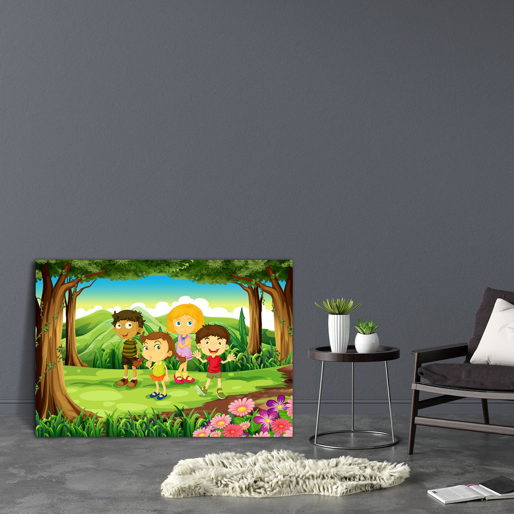 Kids At The Forest Canvas Painting Synthetic Frame-Paintings MDF Framing-AFF_FR-IC 5003271 IC 5003271, Animated Cartoons, Baby, Black and White, Botanical, Caricature, Cartoons, Children, Digital, Digital Art, Drawing, Floral, Flowers, Graphic, Illustrations, Kids, Landscapes, Mountains, Nature, People, Scenic, White, Wooden, at, the, forest, canvas, painting, synthetic, frame, blue, boys, branches, brown, cartoon, clouds, female, gentlemen, gift, girls, grass, green, ground, hills, humans, illustration, im