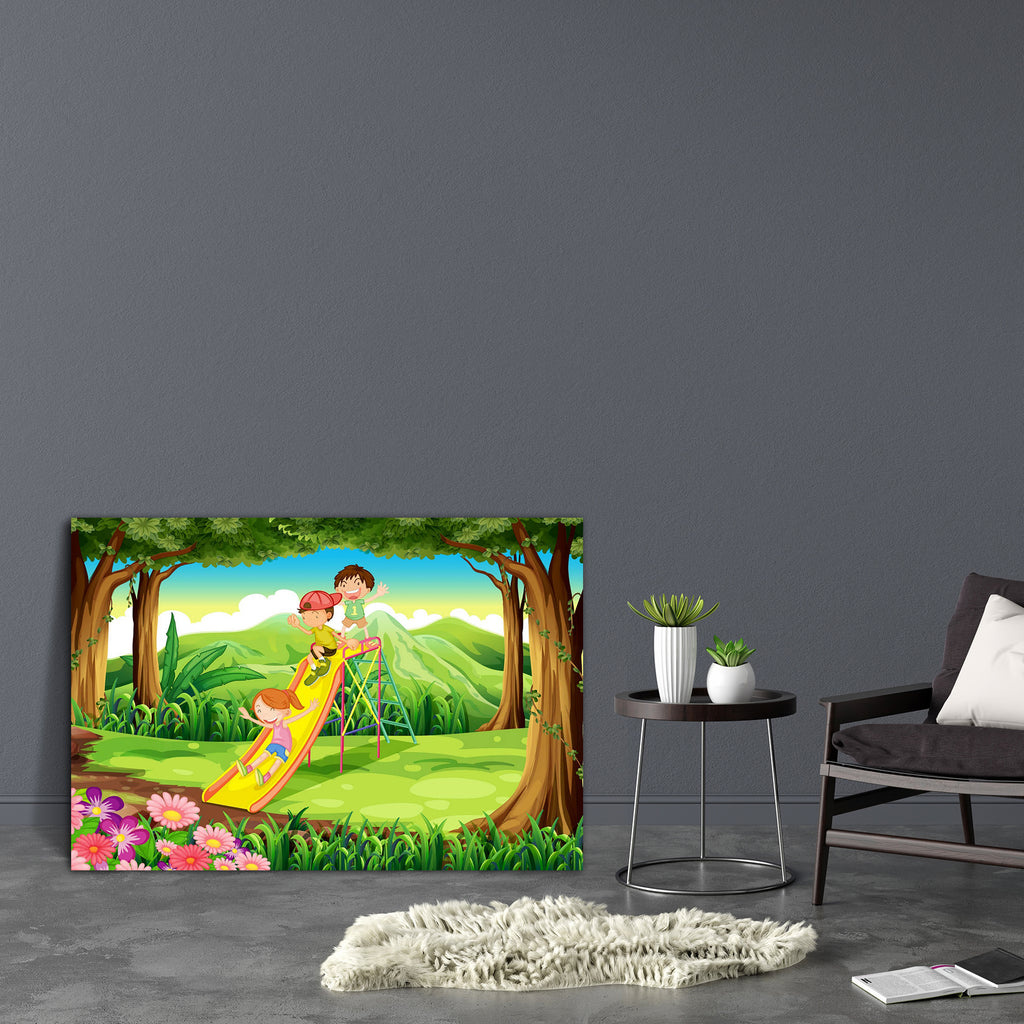 Kids Sliding At The Forest Canvas Painting Synthetic Frame-Paintings MDF Framing-AFF_FR-IC 5003277 IC 5003277, Animated Cartoons, Baby, Black and White, Botanical, Caricature, Cartoons, Children, Digital, Digital Art, Drawing, Floral, Flowers, Graphic, Illustrations, Kids, Landscapes, Mountains, Nature, People, Scenic, White, Wooden, sliding, at, the, forest, canvas, painting, synthetic, frame, blue, boys, branches, brown, cartoon, clouds, female, gentlemen, girl, grass, green, ground, hills, humans, illust
