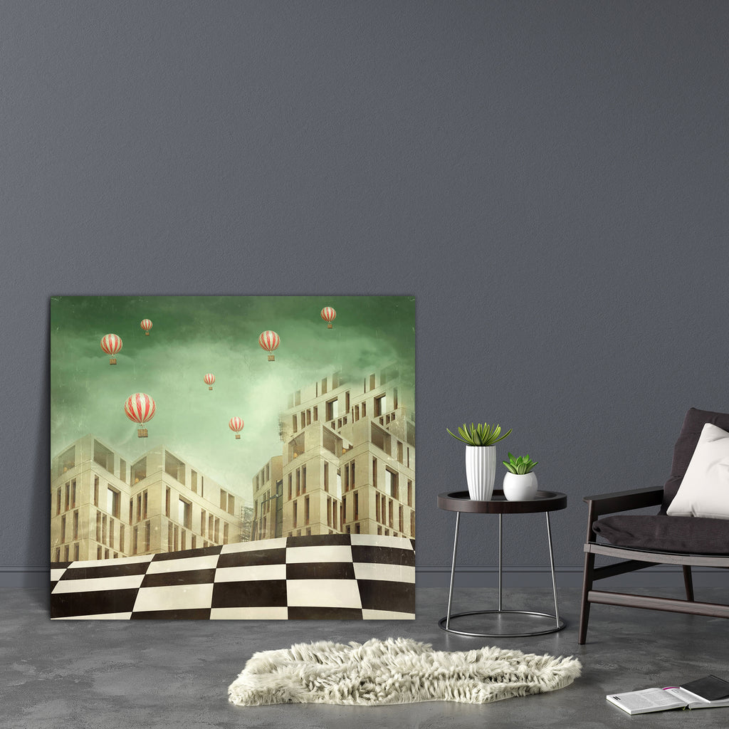 Modern Buildings & Balloons In A Surreal Landscape Canvas Painting Synthetic Frame-Paintings MDF Framing-AFF_FR-IC 5003292 IC 5003292, Abstract Expressionism, Abstracts, Art and Paintings, Cities, City Views, Fantasy, Illustrations, Landscapes, Modern Art, Scenic, Semi Abstract, Surrealism, Urban, modern, buildings, balloons, in, a, surreal, landscape, canvas, painting, synthetic, frame, abstract, art, artistic, background, balloon, beautiful, building, checkered, city, colorful, composition, creativity, ex