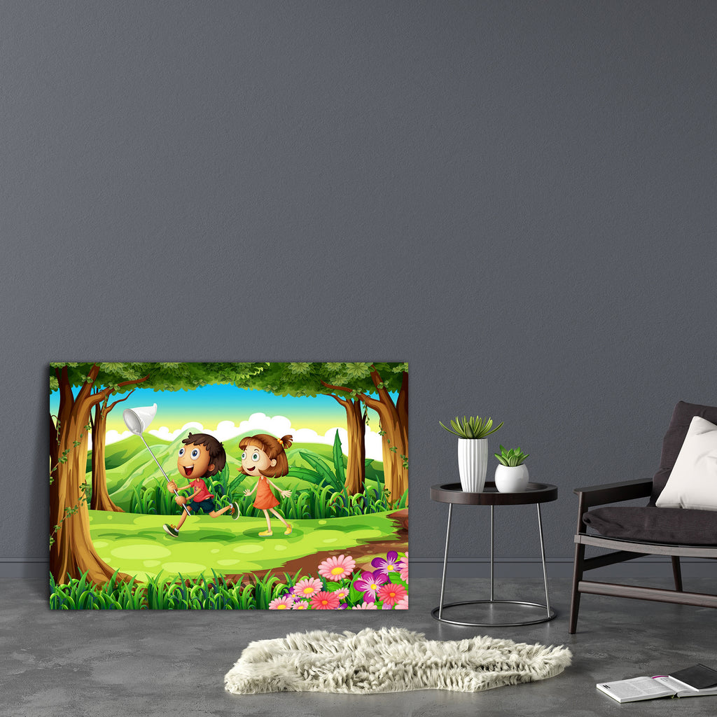 Kids Playing At The Woods Canvas Painting Synthetic Frame-Paintings MDF Framing-AFF_FR-IC 5003345 IC 5003345, Animated Cartoons, Baby, Black and White, Botanical, Caricature, Cartoons, Children, Digital, Digital Art, Drawing, Floral, Flowers, Graphic, Illustrations, Kids, Landscapes, Mountains, Nature, People, Scenic, White, Wooden, playing, at, the, woods, canvas, painting, synthetic, frame, blue, boy, branches, cartoon, catching, clouds, female, forest, gentleman, girl, grass, green, ground, hills, humans