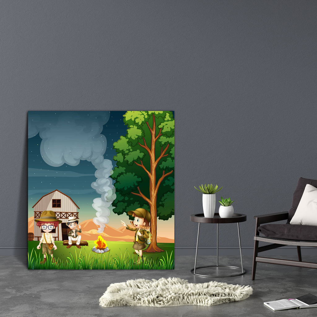 Kids Near The Campfire Canvas Painting Synthetic Frame-Paintings MDF Framing-AFF_FR-IC 5003348 IC 5003348, Animated Cartoons, Baby, Caricature, Cartoons, Children, Digital, Digital Art, Drawing, Graphic, Illustrations, Kids, Landscapes, People, Scenic, Wooden, near, the, campfire, canvas, painting, synthetic, frame, barn, boys, branches, camping, cartoon, exploration, explore, explorer, exploring, female, fire, flame, flaming, gentlemen, girl, grass, green, home, hot, house, humans, illustration, image, lad