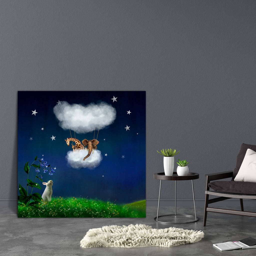 Animals Floating In The Clouds Canvas Painting Synthetic Frame-Paintings MDF Framing-AFF_FR-IC 5003408 IC 5003408, Animals, Art and Paintings, Baby, Books, Botanical, Children, Digital Art, Fantasy, Floral, Flowers, Kids, Nature, Scenic, Stars, floating, in, the, clouds, canvas, painting, synthetic, frame, background, baloon, digital, art, elephant, field, flying, giraffe, grass, imagination, night, rabbit, sky, story, book, surprise, wallpaper, artzfolio, wall decor for living room, wall frames for living 
