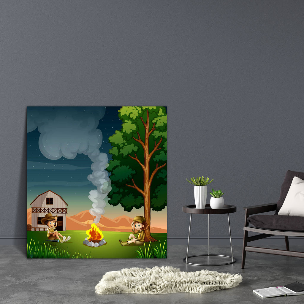 Two Explorers Making A Campfire Canvas Painting Synthetic Frame-Paintings MDF Framing-AFF_FR-IC 5003469 IC 5003469, Animated Cartoons, Baby, Caricature, Cartoons, Children, Digital, Digital Art, Drawing, Graphic, Illustrations, Kids, People, Stars, Wooden, two, explorers, making, a, campfire, canvas, painting, synthetic, frame, boy, burn, burning, camping, cartoon, evening, explore, explorer, exploring, farmhouse, female, fire, flame, flaming, gentleman, girl, grass, green, home, house, humans, illustration