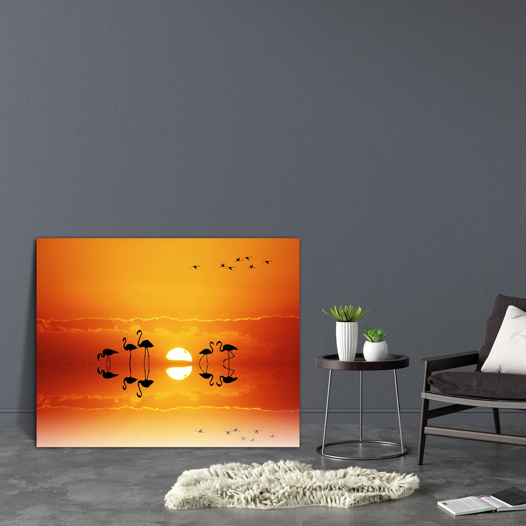 Pink Flamingos At Sunset Canvas Painting Synthetic Frame-Paintings MDF Framing-AFF_FR-IC 5003542 IC 5003542, Animals, Birds, Illustrations, Landscapes, Nature, Scenic, Sunrises, Sunsets, pink, flamingos, at, sunset, canvas, painting, synthetic, frame, animal, bird, colorful, flamingo, illustration, lagoon, lake, national, outdoor, outdoors, outside, reflection, scenery, sea, silhouette, sun, sundown, sunrise, vibrant, water, artzfolio, wall decor for living room, wall frames for living room, frames for livi