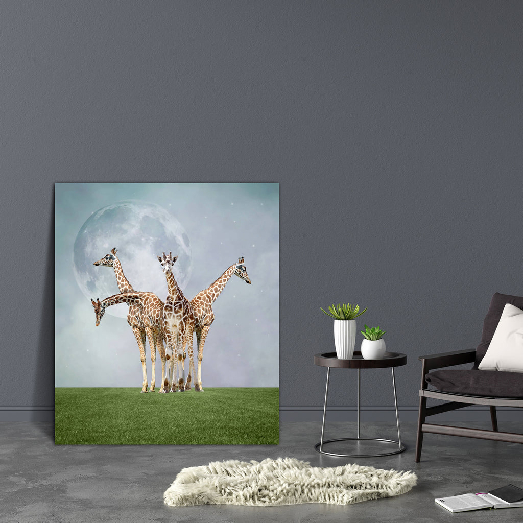 Giraffes Canvas Painting Synthetic Frame-Paintings MDF Framing-AFF_FR-IC 5003575 IC 5003575, African, Ancient, Animals, Fantasy, Historical, Illustrations, Medieval, Nature, Retro, Scenic, Stars, Surrealism, Vintage, Wildlife, giraffes, canvas, painting, synthetic, frame, africa, composition, grass, group, illustration, land, long, mammals, meadow, moon, neck, old, outdoor, place, poster, savanna, sky, suggestive, surreal, tall, wallpaper, wild, artzfolio, wall decor for living room, wall frames for living 