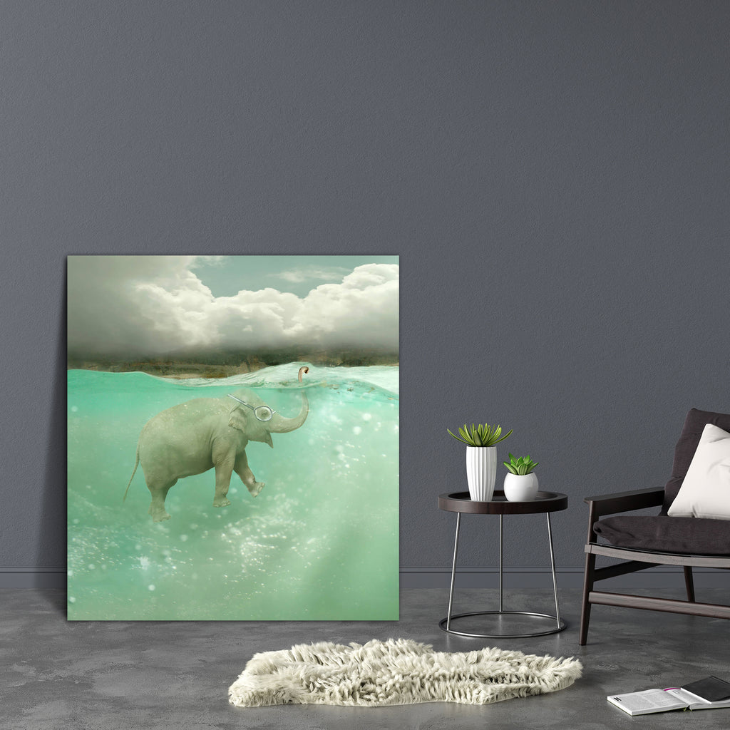 Funny Elephant Swimmer Canvas Painting Synthetic Frame-Paintings MDF Framing-AFF_FR-IC 5003590 IC 5003590, Conceptual, Fantasy, Illustrations, Landscapes, Realism, Scenic, Surrealism, funny, elephant, swimmer, canvas, painting, synthetic, frame, artistic, background, bubble, cloud, cloudy, colorful, concept, creativity, diving, mask, fun, happiness, illustration, illustrative, imagination, imagine, landscape, mammal, originality, pachyderm, ray, of, light, sky, sub, surreal, surrealist, swimming, trunk, und