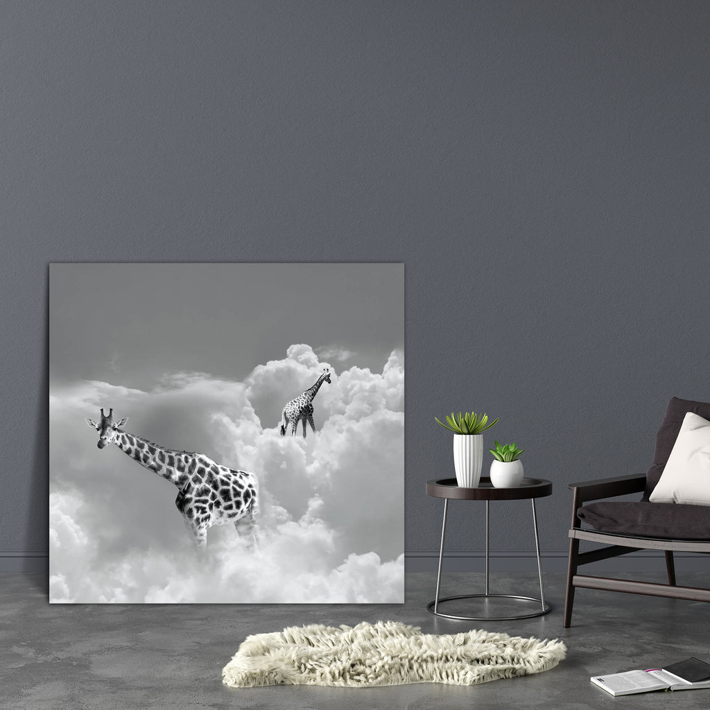 Two Giraffe Walking In The Clouds Canvas Painting Synthetic Frame-Paintings MDF Framing-AFF_FR-IC 5003591 IC 5003591, Animals, Art and Paintings, Black, Black and White, Comedy, Conceptual, Humor, Humour, Illustrations, Nature, Realism, Scenic, Surrealism, White, two, giraffe, walking, in, the, clouds, canvas, painting, synthetic, frame, animal, art, artistic, background, beautiful, cloud, cloudy, composition, concept, creativity, dream, dreamy, elegance, elegant, escape, expression, funny, gray, grey, idea