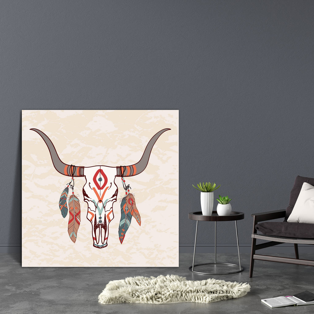 Bull Skull With Feathers Canvas Painting Synthetic Frame-Paintings MDF Framing-AFF_FR-IC 5003648 IC 5003648, Abstract Expressionism, Abstracts, American, Aztec, Circle, Culture, Decorative, Ethnic, Fashion, Folk Art, Illustrations, Indian, Semi Abstract, Signs, Signs and Symbols, Sketches, Symbols, Traditional, Tribal, World Culture, bull, skull, with, feathers, canvas, painting, synthetic, frame, dream, catcher, eagle, abstract, america, background, bead, bone, cherokee, cow, death, decoration, design, fea