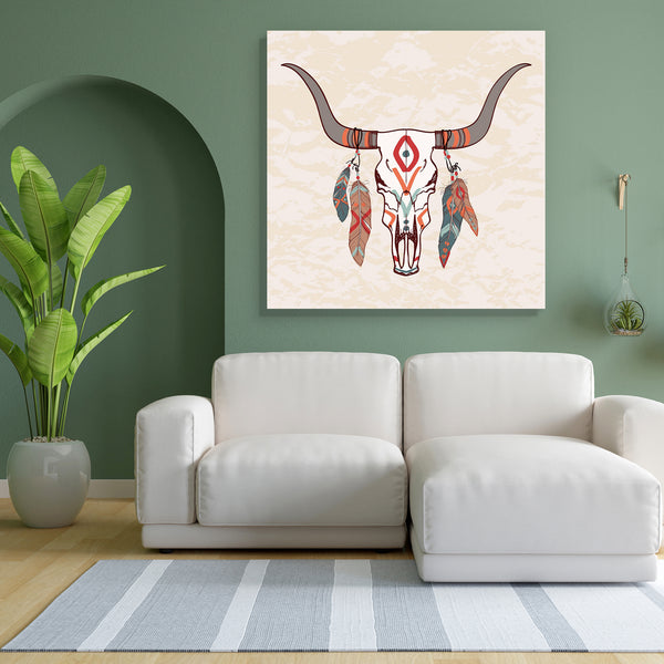 Bull Skull With Feathers Canvas Painting Synthetic Frame-Paintings MDF Framing-AFF_FR-IC 5003648 IC 5003648, Abstract Expressionism, Abstracts, American, Aztec, Circle, Culture, Decorative, Ethnic, Fashion, Folk Art, Illustrations, Indian, Semi Abstract, Signs, Signs and Symbols, Sketches, Symbols, Traditional, Tribal, World Culture, bull, skull, with, feathers, canvas, painting, for, bedroom, living, room, engineered, wood, frame, dream, catcher, eagle, abstract, america, background, bead, bone, cherokee, 