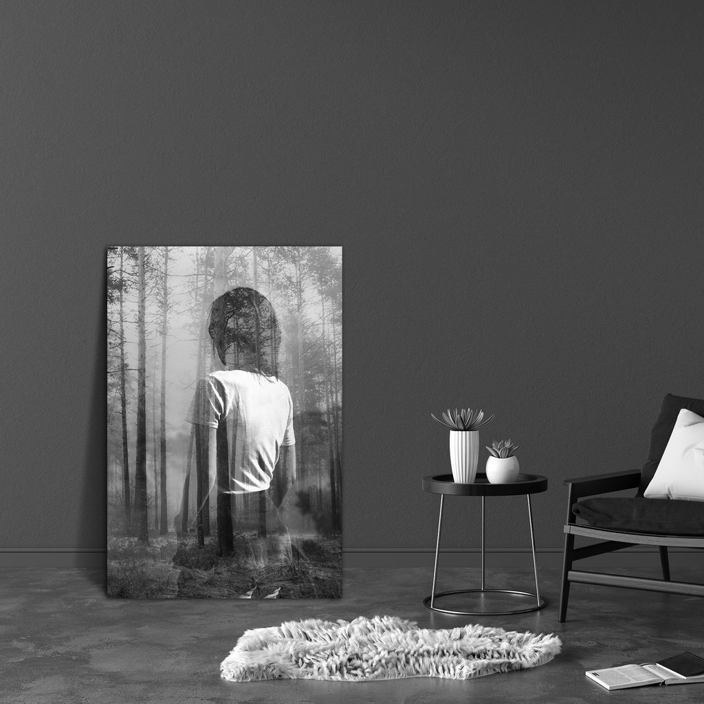 Woman In Forest Canvas Painting Synthetic Frame-Paintings MDF Framing-AFF_FR-IC 5003664 IC 5003664, Abstract Expressionism, Abstracts, Black, Black and White, Conceptual, Individuals, Portraits, Semi Abstract, White, woman, in, forest, canvas, painting, synthetic, frame, artistic, bio, branches, bw, contemplation, creative, daydreaming, double, ecology, effect, environment, exposure, face, head, isolated, meditative, multiple, natural, needles, peace, person, pine, plant, portrait, profile, serenity, textur
