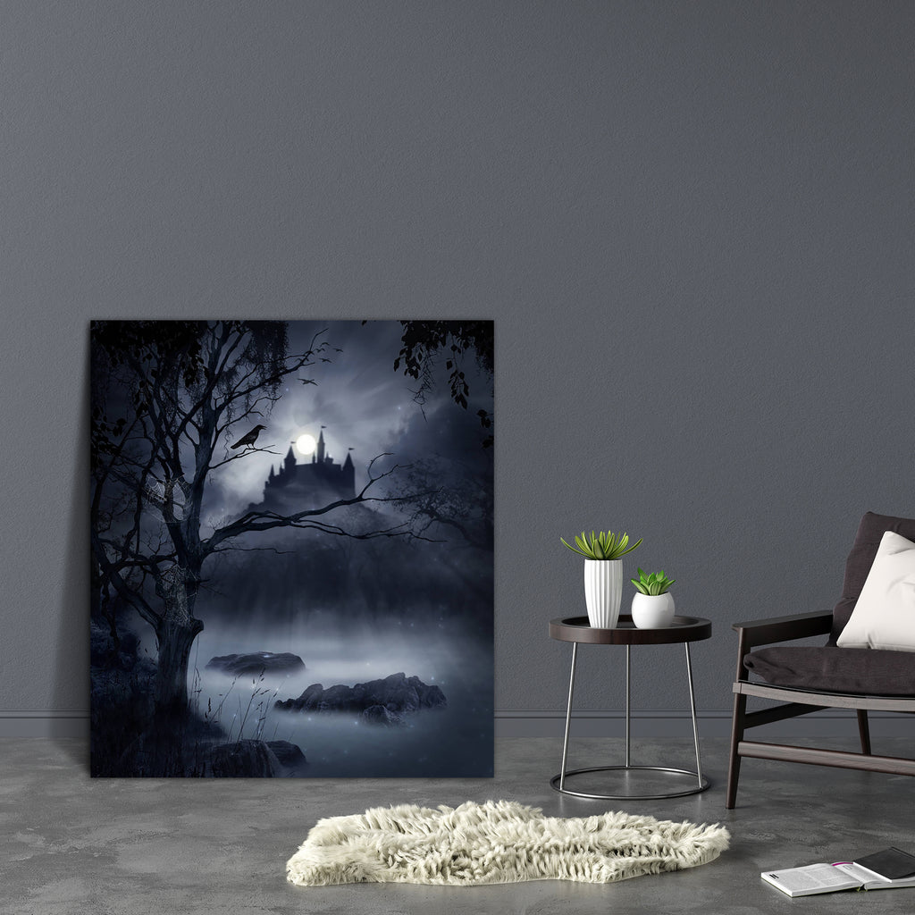 Castle In A Swamp In A Dark Night Canvas Painting Synthetic Frame-Paintings MDF Framing-AFF_FR-IC 5003741 IC 5003741, Ancient, Architecture, Art and Paintings, Birds, Books, Digital Art, Fantasy, Historical, Medieval, Nature, Scenic, Vintage, castle, in, a, swamp, dark, night, canvas, painting, synthetic, frame, vampire, dracula, castles, moonlight, background, art, nightmare, vampires, old, creepy, abandoned, bird, border, branches, clouds, crow, digital, fear, ghost, grass, horror, illumination, imaginati