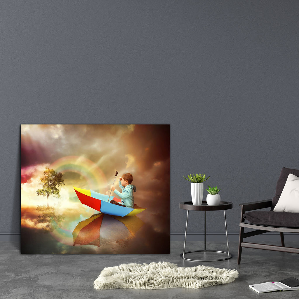 Child Sitting In An Umbrella Boat Canvas Painting Synthetic Frame-Paintings MDF Framing-AFF_FR-IC 5003772 IC 5003772, Baby, Boats, Children, Conceptual, Inspirational, Kids, Motivation, Motivational, Nautical, Sunsets, child, sitting, in, an, umbrella, boat, canvas, painting, synthetic, frame, rainbow, hope, creativity, imagination, inspiration, creative, adventure, alone, answer, beautiful, boy, calm, challenge, clouds, colorful, courage, dream, free, freedom, happiness, happy, idea, invention, kid, light,