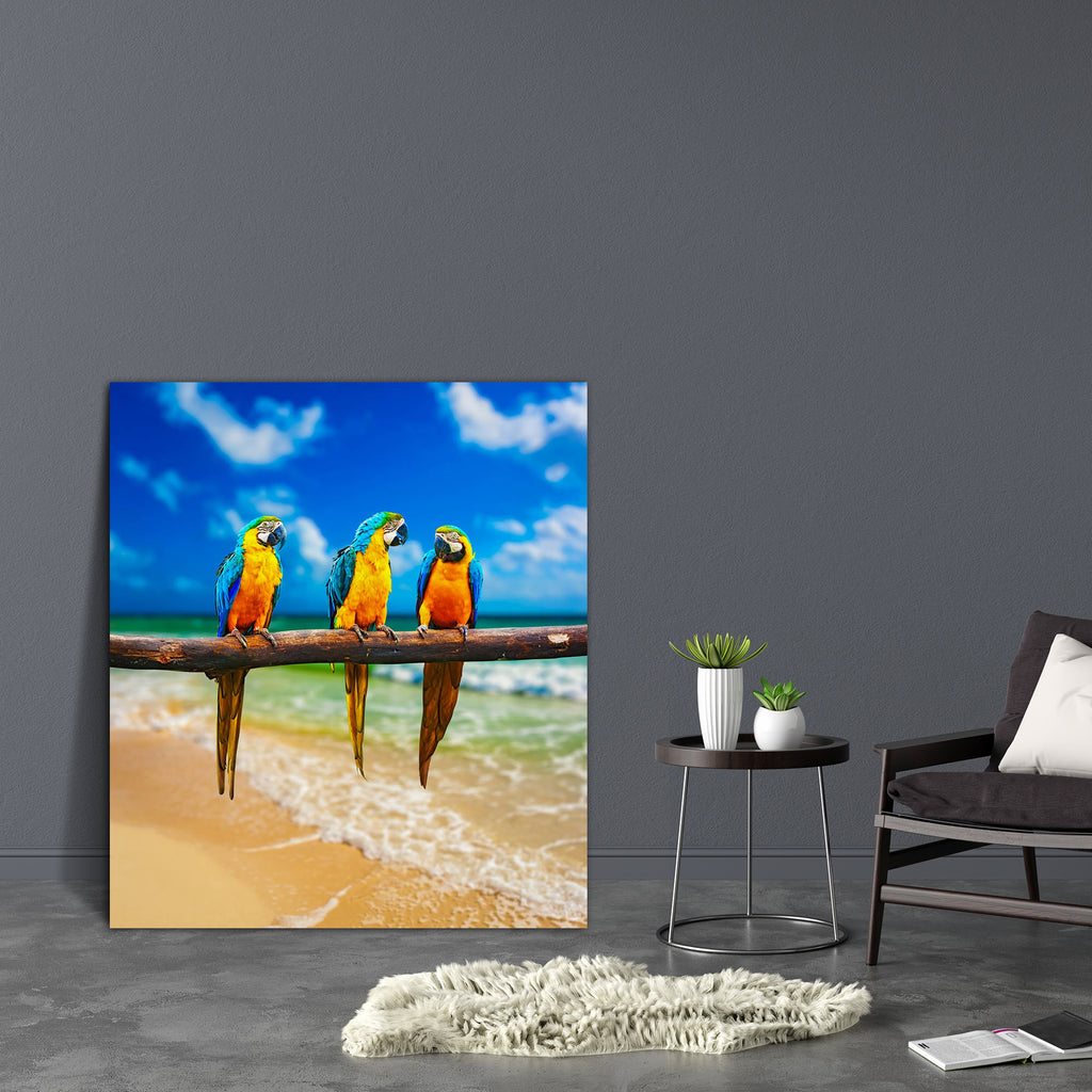 Parrots On Beach Canvas Painting Synthetic Frame-Paintings MDF Framing-AFF_FR-IC 5003903 IC 5003903, Birds, Landscapes, Mexican, Nature, Scenic, parrots, on, beach, canvas, painting, synthetic, frame, ara, ararauna, aves, avian, blue, and, yellow, macaw, branch, bright, caribbean, sea, clean, coast, color, colorful, colour, colourful, day, exotic, horizon, idyllic, mexico, nobody, ocean, oceans, peaceful, recreation, relaxation, resort, romantic, sand, scenics, serene, sky, solitude, summer, sunny, tranquil