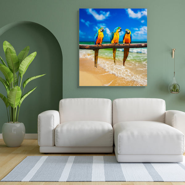 Parrots On Beach Canvas Painting Synthetic Frame-Paintings MDF Framing-AFF_FR-IC 5003903 IC 5003903, Birds, Landscapes, Mexican, Nature, Scenic, parrots, on, beach, canvas, painting, for, bedroom, living, room, engineered, wood, frame, ara, ararauna, aves, avian, blue, and, yellow, macaw, branch, bright, caribbean, sea, clean, coast, color, colorful, colour, colourful, day, exotic, horizon, idyllic, mexico, nobody, ocean, oceans, peaceful, recreation, relaxation, resort, romantic, sand, scenics, serene, sky